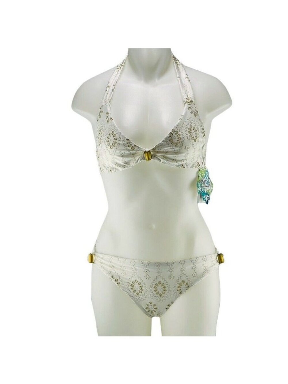 Becca By Rebecca Virtue White & Gold Halter Bikini Size S